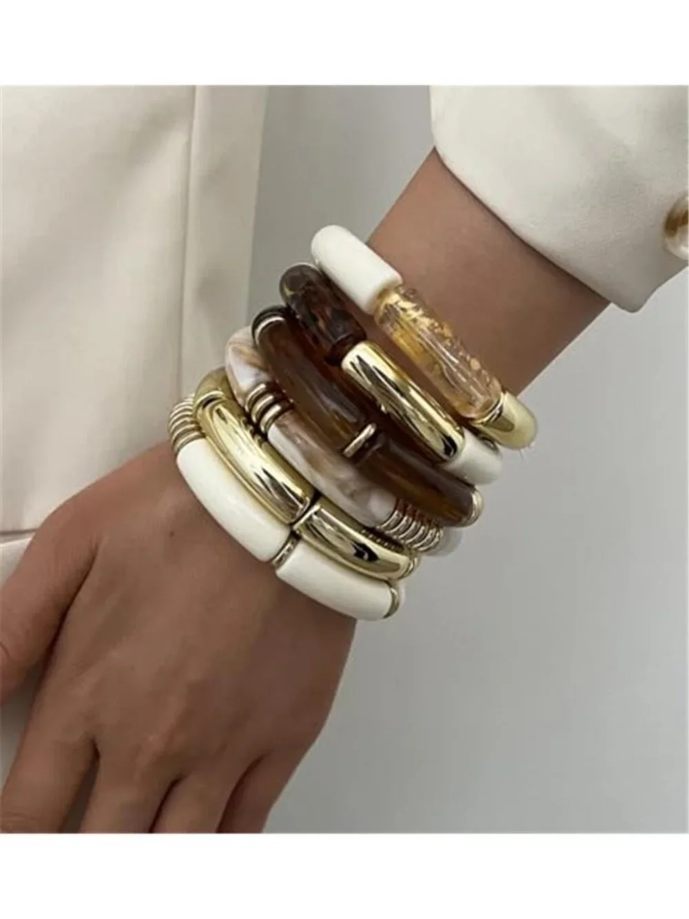 6pcs Chunky Acrylic Bangle Bracelets for Women, Resin Bamboo Brown